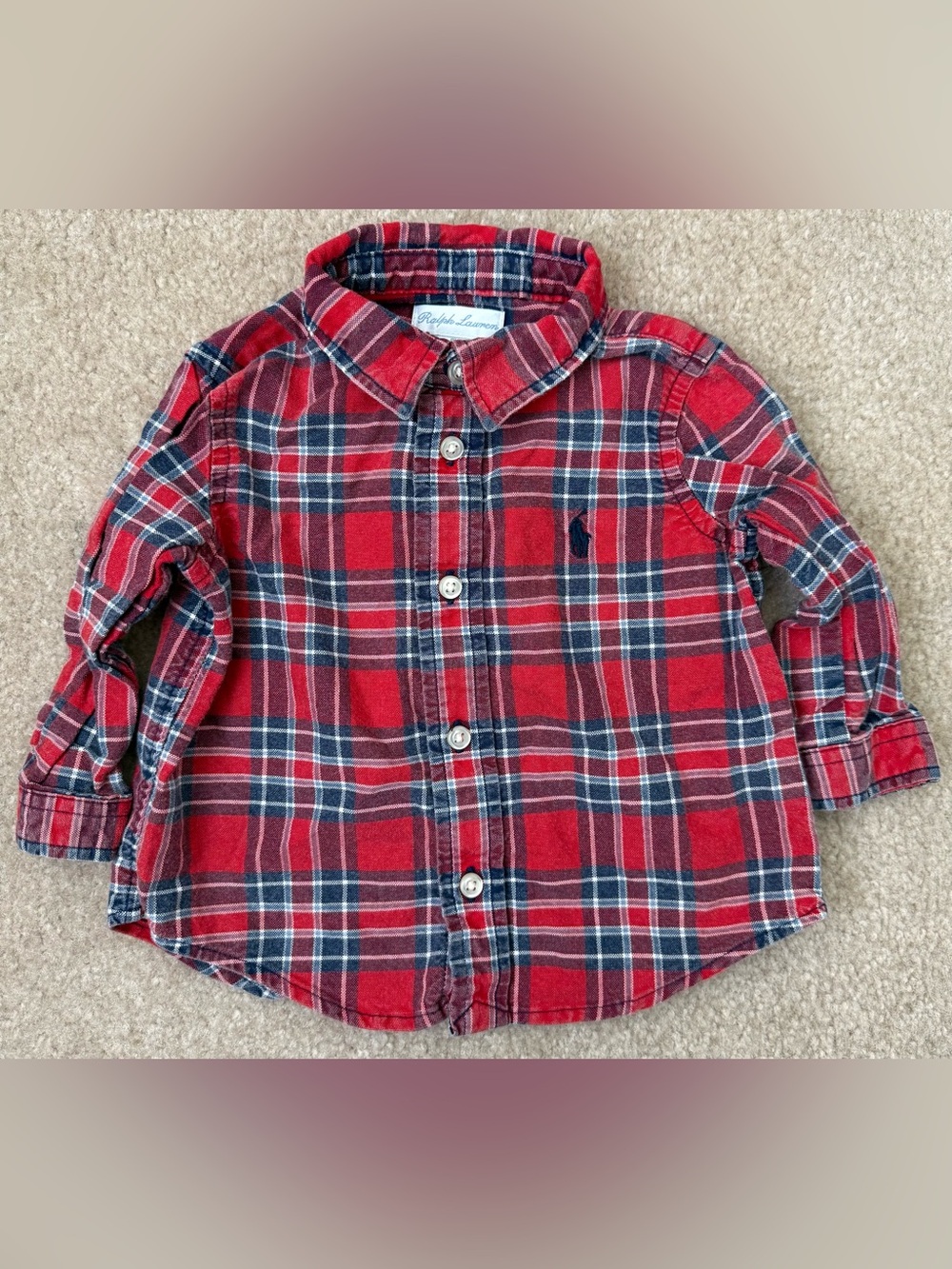 Ralph Lauren Baby Boys’ Red and Navy Plaid Button-Up Long Sleeve Shirt- 6 Months